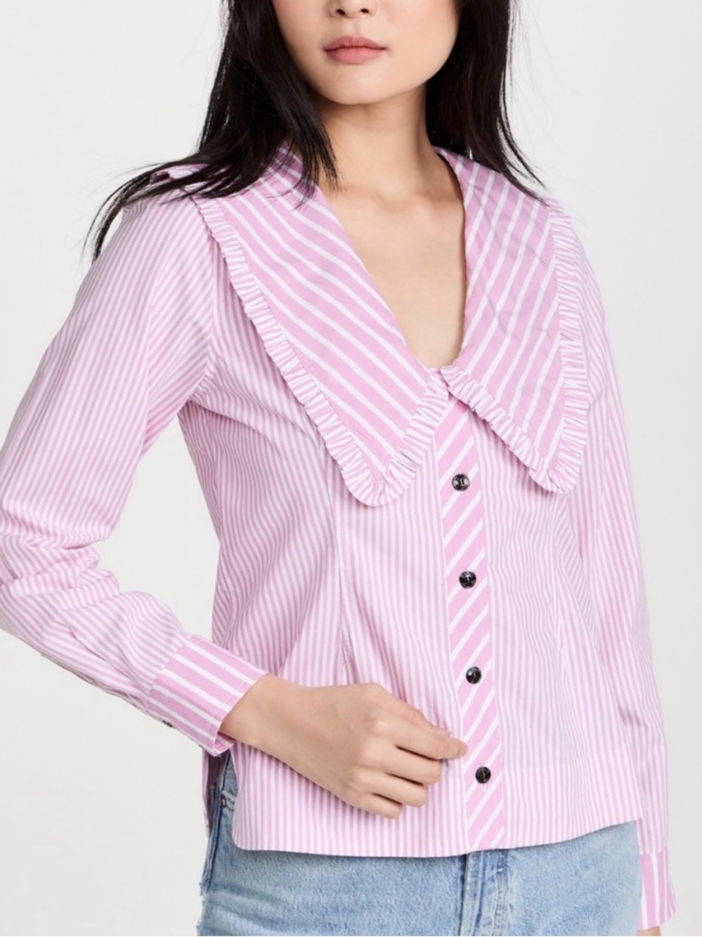 Ganni Pink Striped Ruffle Collar Button-Down Shirt